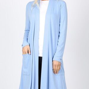 NWT Zenana Misty Blue Slouchy Pocket Duster Cardigan Small Boho Minimalist